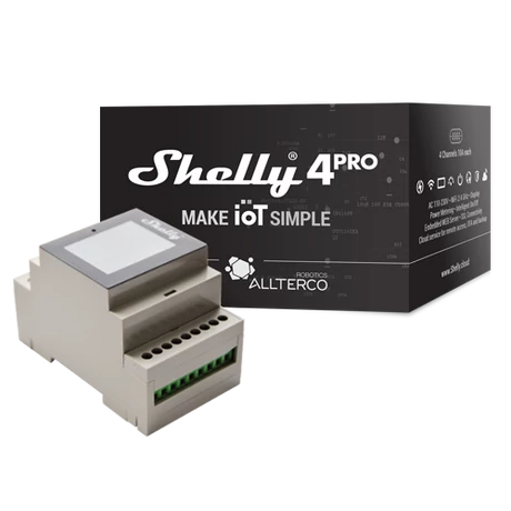 Shelly 4 Pro » Négycsatornás, képernyős WiFi-s okosvezérlés / okosrelé, fogyasztásméréssel (DIN-sín kompatibilis)
