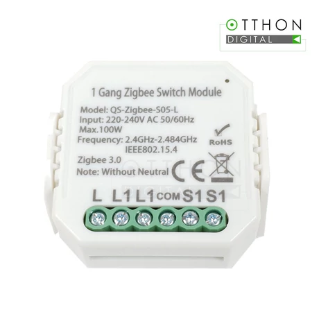 SmartWise Zigbee 230V relé egy áramkörös, csak fázissal működő, kapcsolóbemenettel