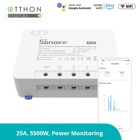 Sonoff POW (R3) WiFi-s, internetről távvezérelhető okosrelé (25A / 5500W), áramfogyasztás-mérővel, túlfeszültség-védelemmel